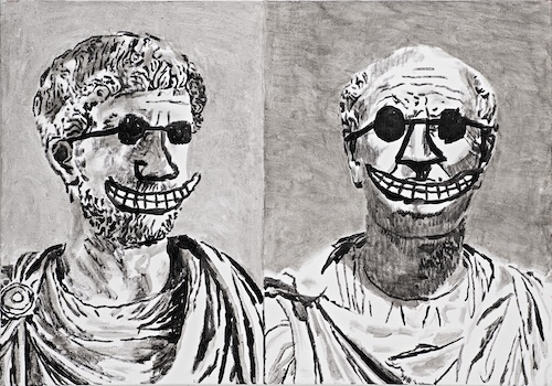 A painting in gray tones. It's two portaits, side-by-side, of ancient Roman figures. Over their portaits, there are curdely drawn, as if by a grafitti, sunglasses and very big toothy grins.