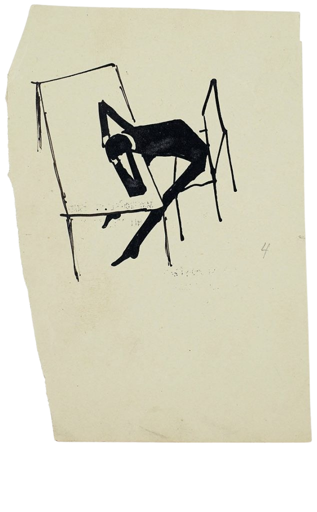 A minimal black ink drawing on a torn piece of paper. The drawing deceipts a person sitting in a chair in front of a table. The person head is leaning on their hands which are on the table, in an apparent frustration.