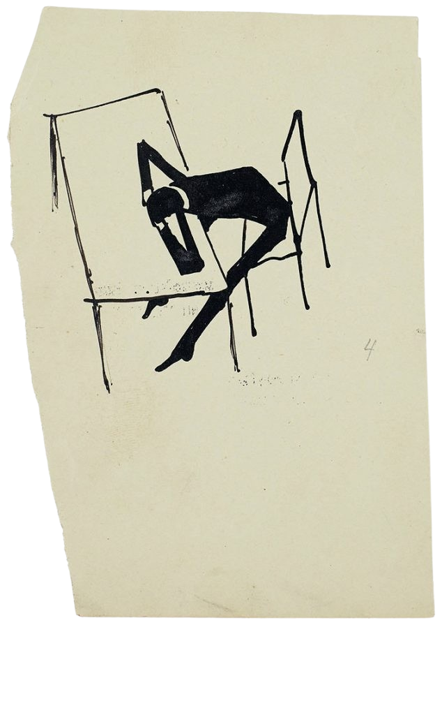 A torn, yellowish piece of paper, on it a minimalist ink drawing of a person sitting in a chair. His hands are crossed on a table in front of him, and his head leaning on those, in an apparent frustration.